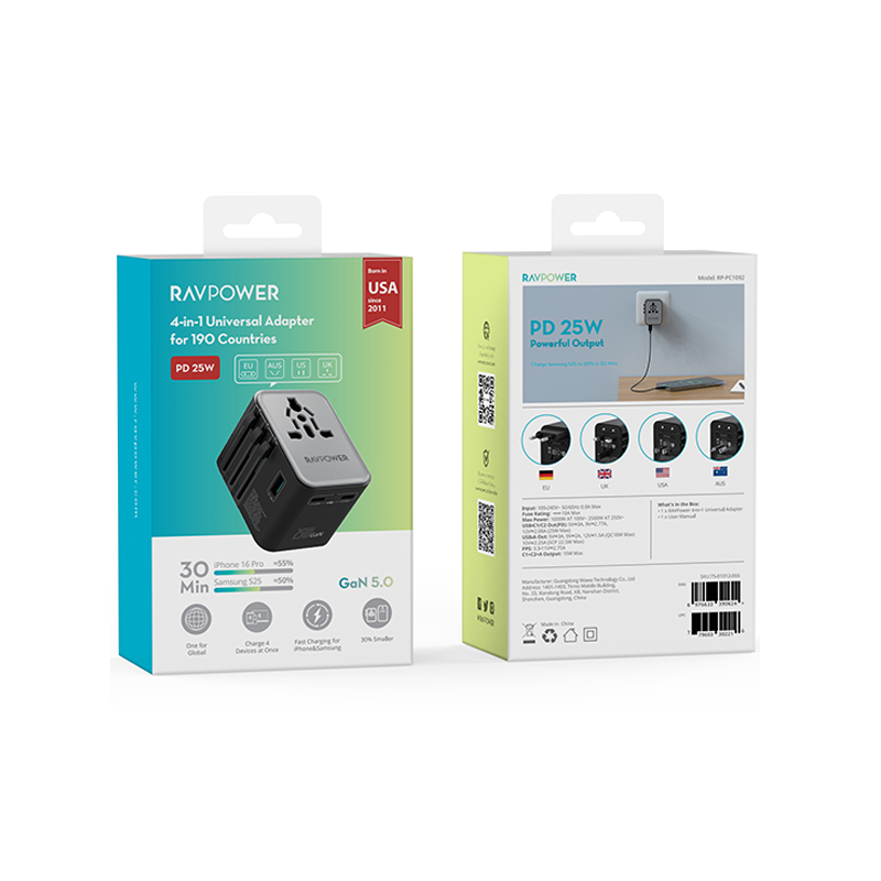 RAVPower RP-PC1092 25W GaN PD 5-in-1 Universal Travel Adapter
