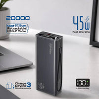 Promate Lucid-45W 20000mAh Power Bank with Retractable USB-C Cable
