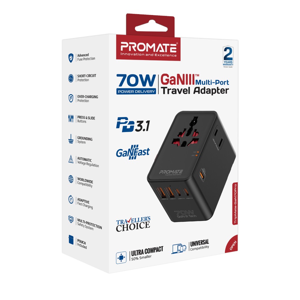 Promate TripMate GaN70Pro 70W Travel Adapter