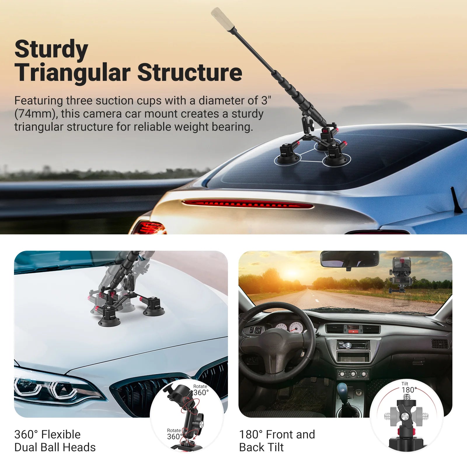 Neewer CA065 Triple Suction Cup Camera Car Mount
