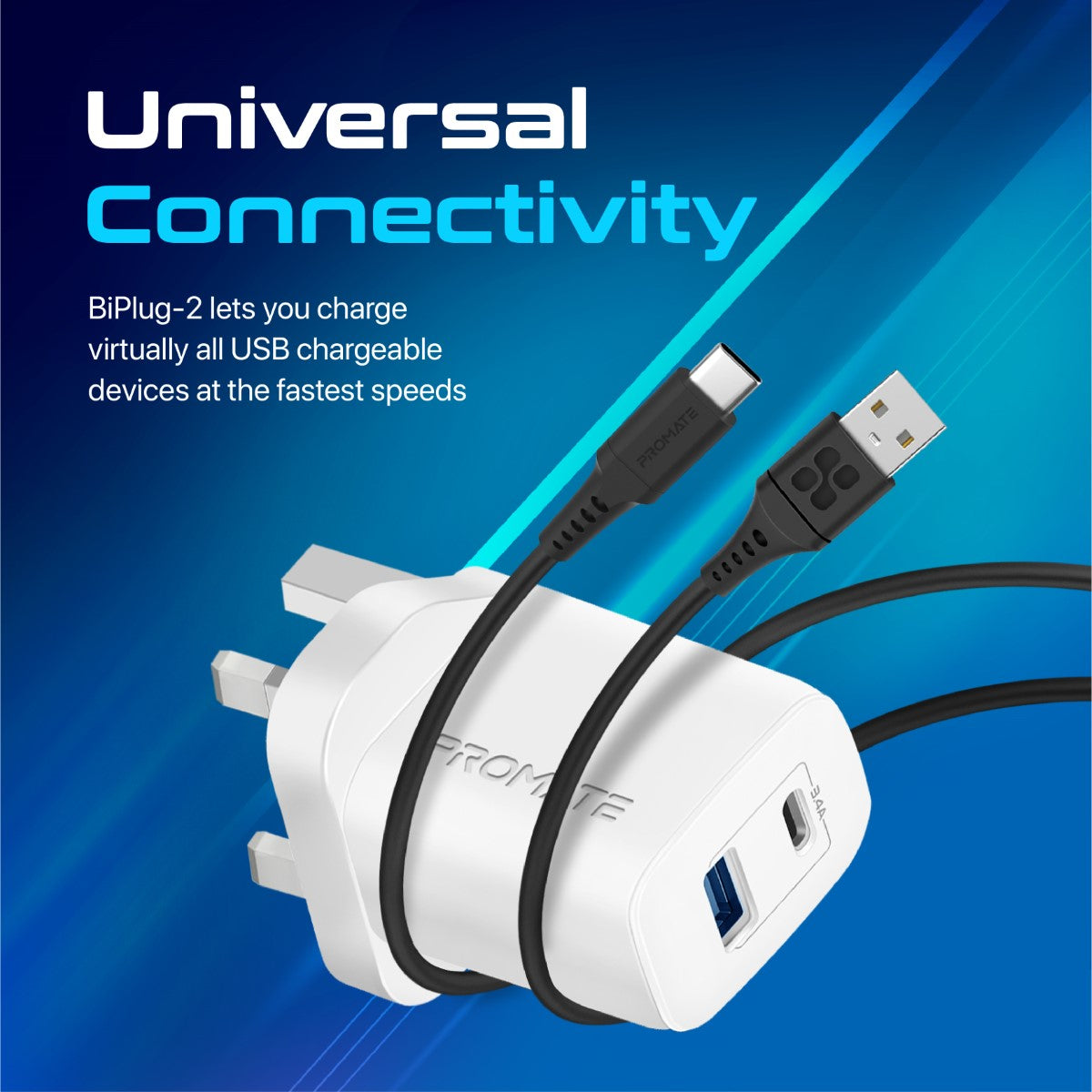 Promate BiPlug-2 17W Dual Port Wall Charger