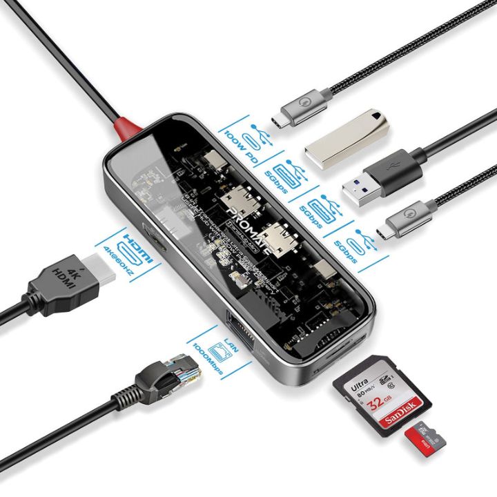 Promate TransHub-Mini 8-in-1 100W USB-C Hub