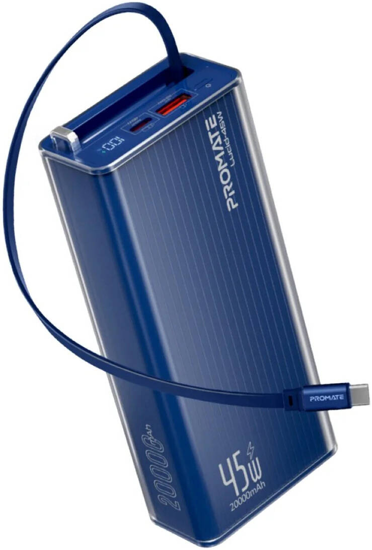 Promate Lucid-45W 20000mAh Power Bank with Retractable USB-C Cable