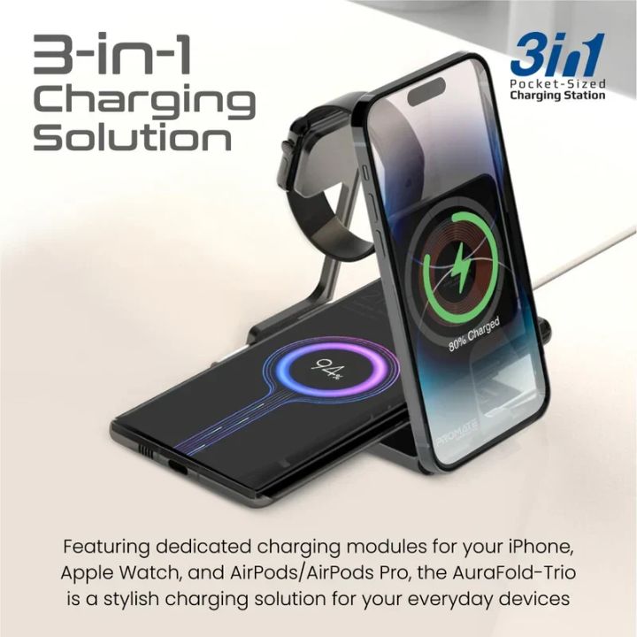Promate AuraFold-Trio 15W 3-in-1 Wireless Charger