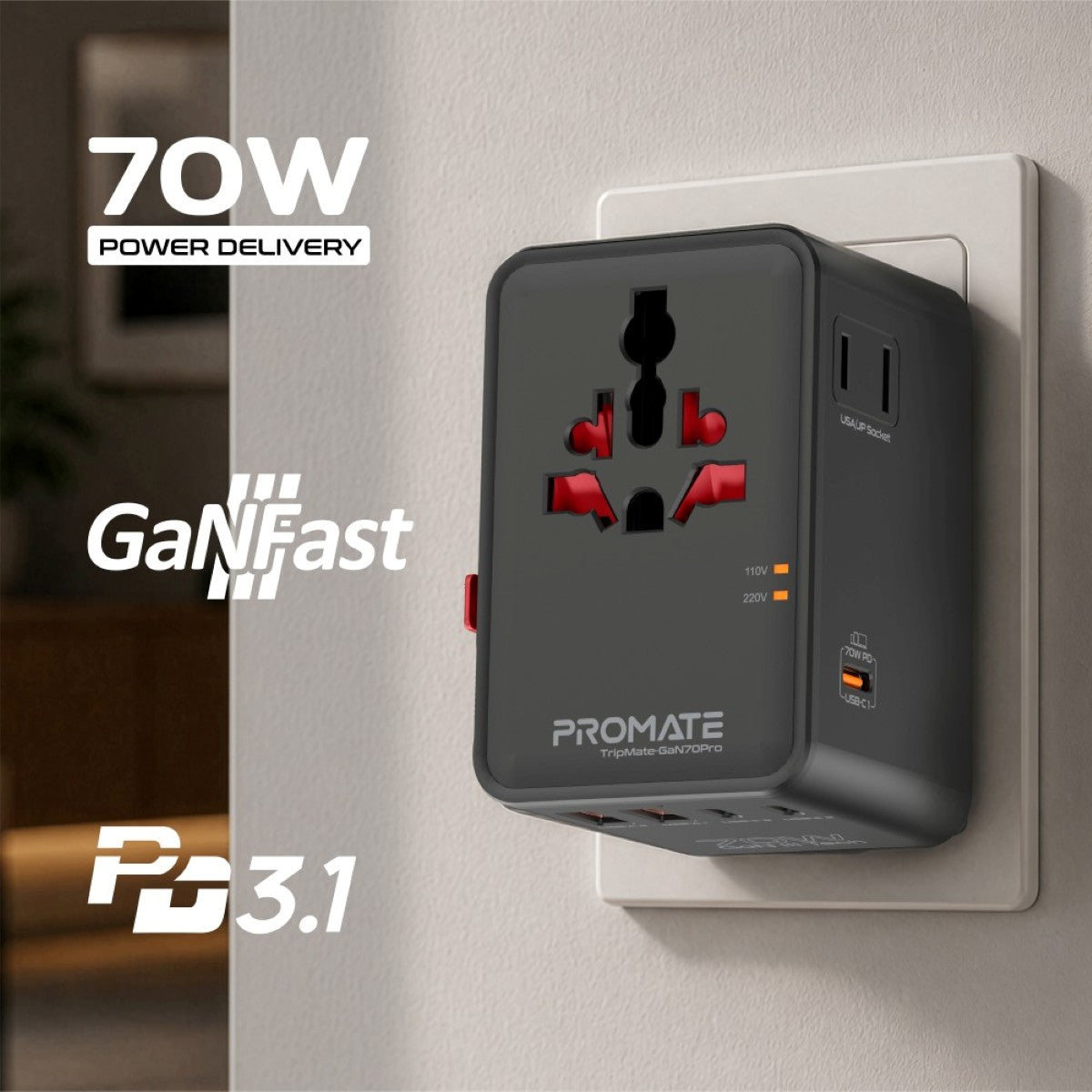 Promate TripMate GaN70Pro 70W Travel Adapter