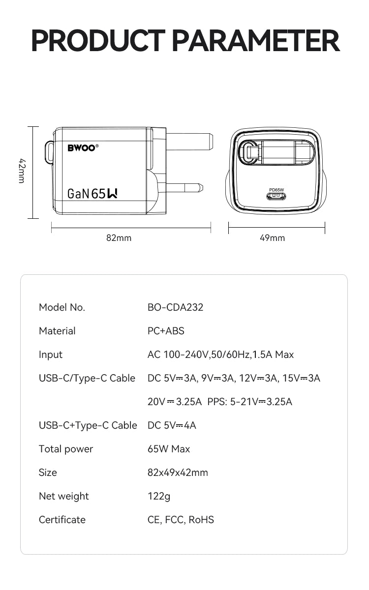 BWOO PD 20W + QC 18W Dual Port Charging Kit with 65W Type-C Cable