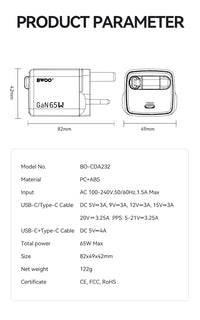 BWOO PD 20W + QC 18W Dual Port Charging Kit with 65W Type-C Cable