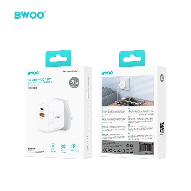 BWOO CDA162 PD 20W + QC 18W Dual Port Wall Charger