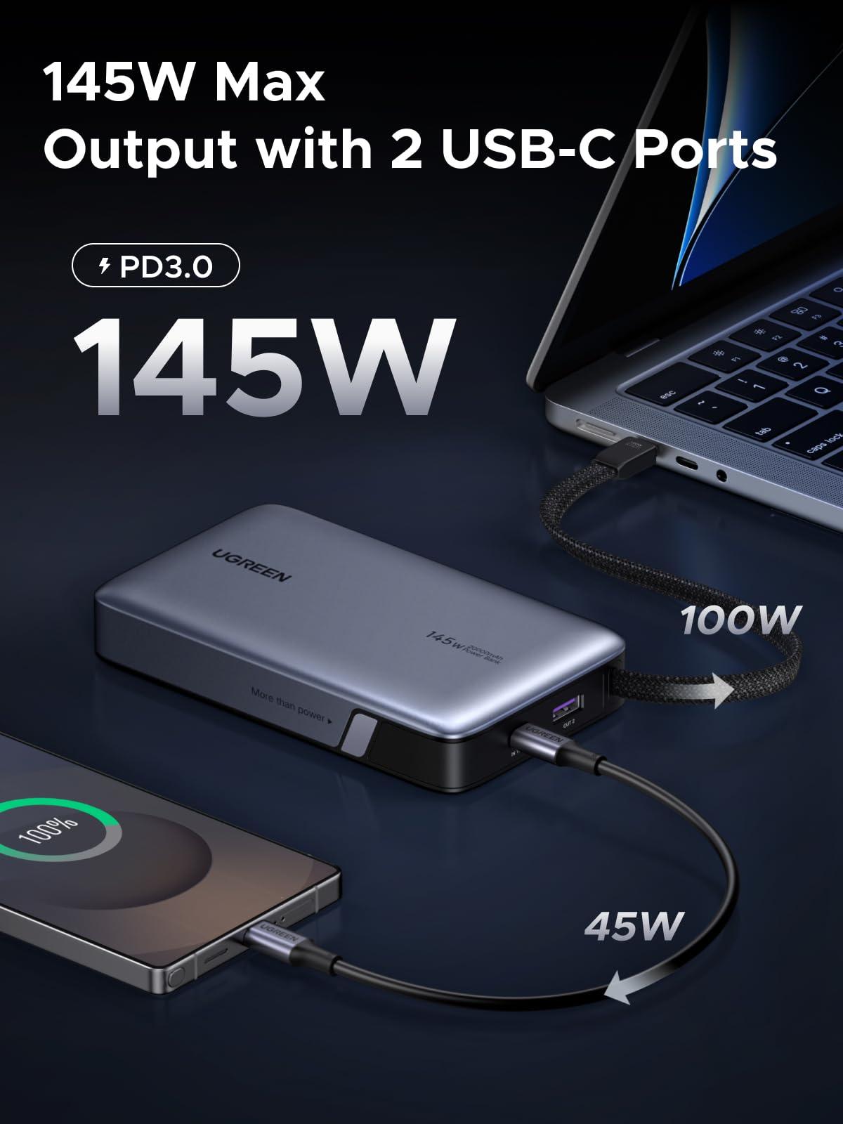 UGREEN PB551 20000mAh 145W Power Bank with Built-in Cable