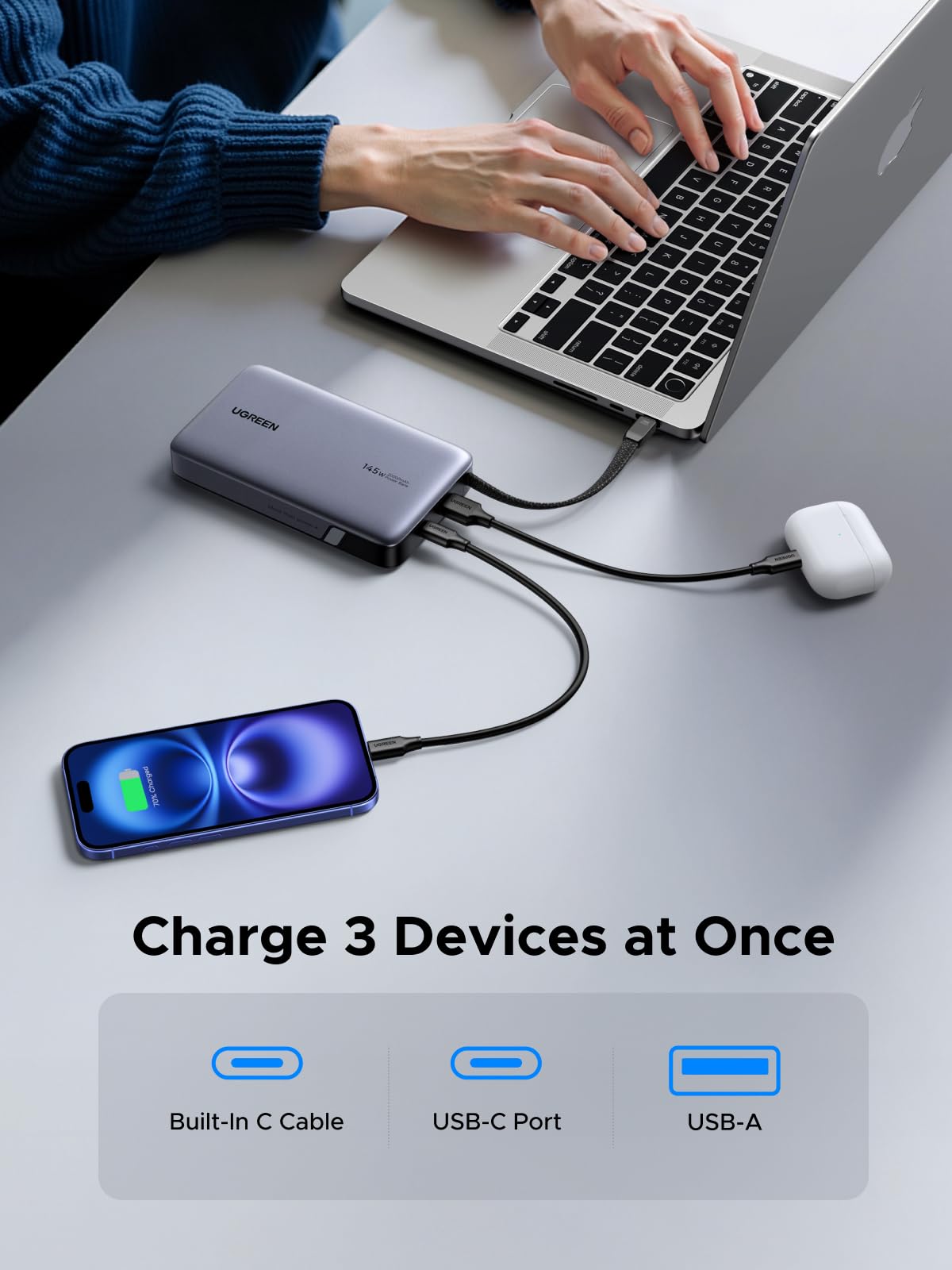 UGREEN PB551 20000mAh 145W Power Bank with Built-in Cable