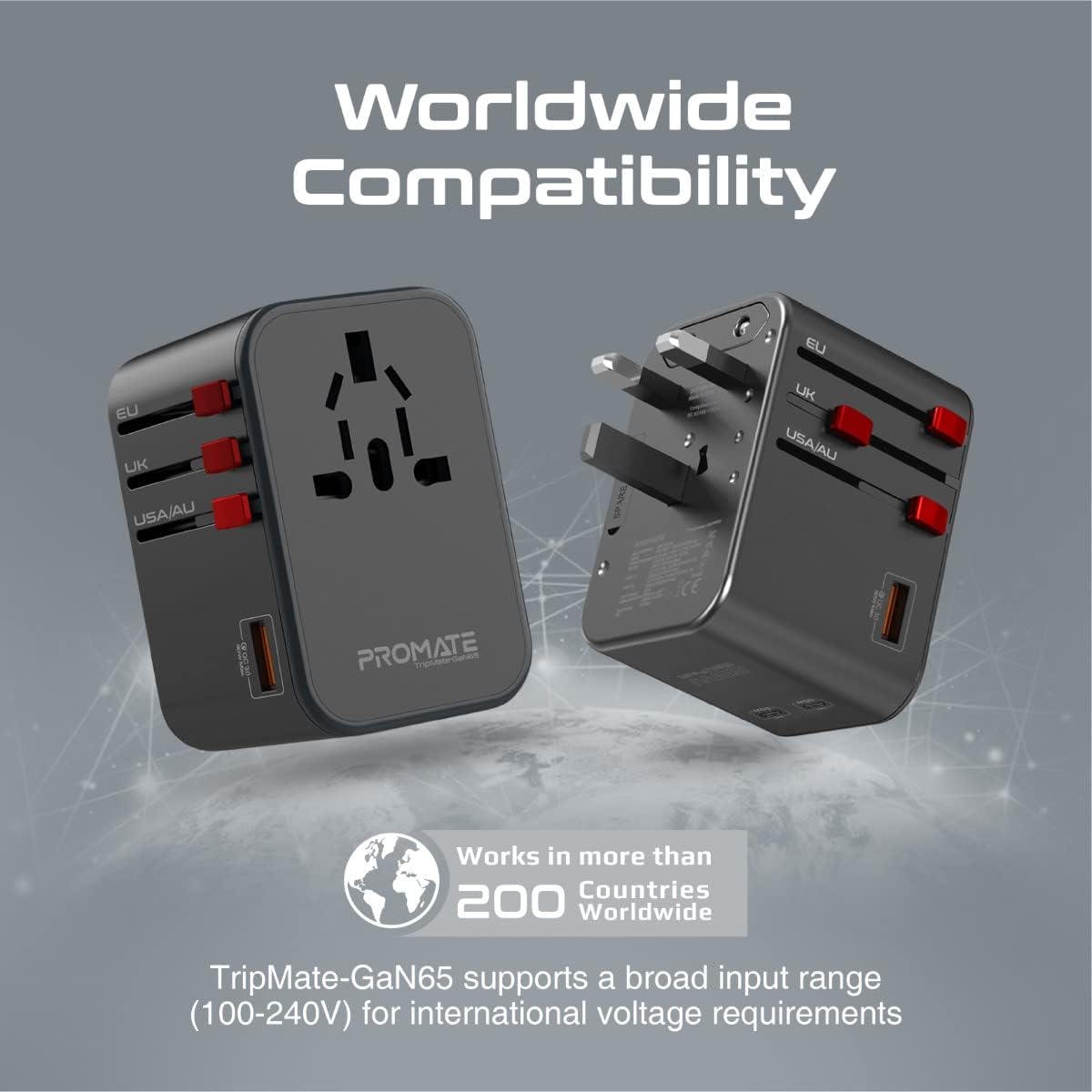 Promate TripMate GaN65 65W Travel Adapter