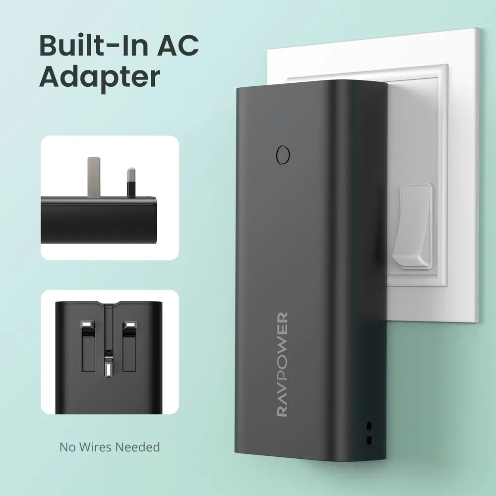 Ravpower 10000mAh 20W 3-Ports Power Bank With Wall Plug