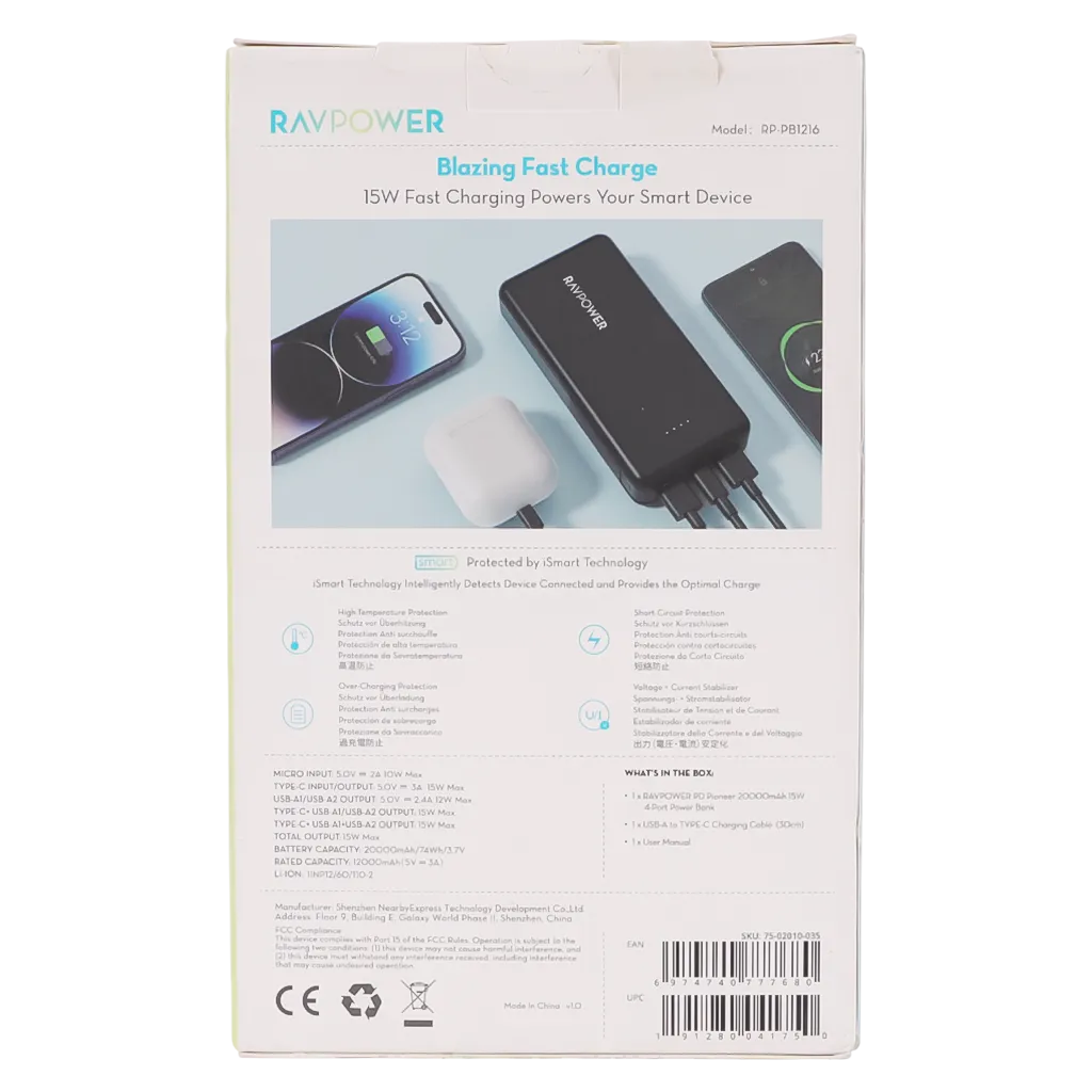 RAVPower RP-PB1216 PD Pioneer 20000mAh 15W 4-Port Power Bank