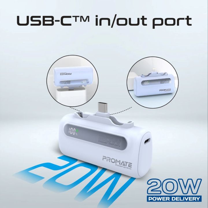 Promate PowerUp-Duo 5000mAh 20W Dual-Connector Power Bank