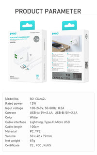 BWOO CDA62 12W Dual USB Wall Charging Kit