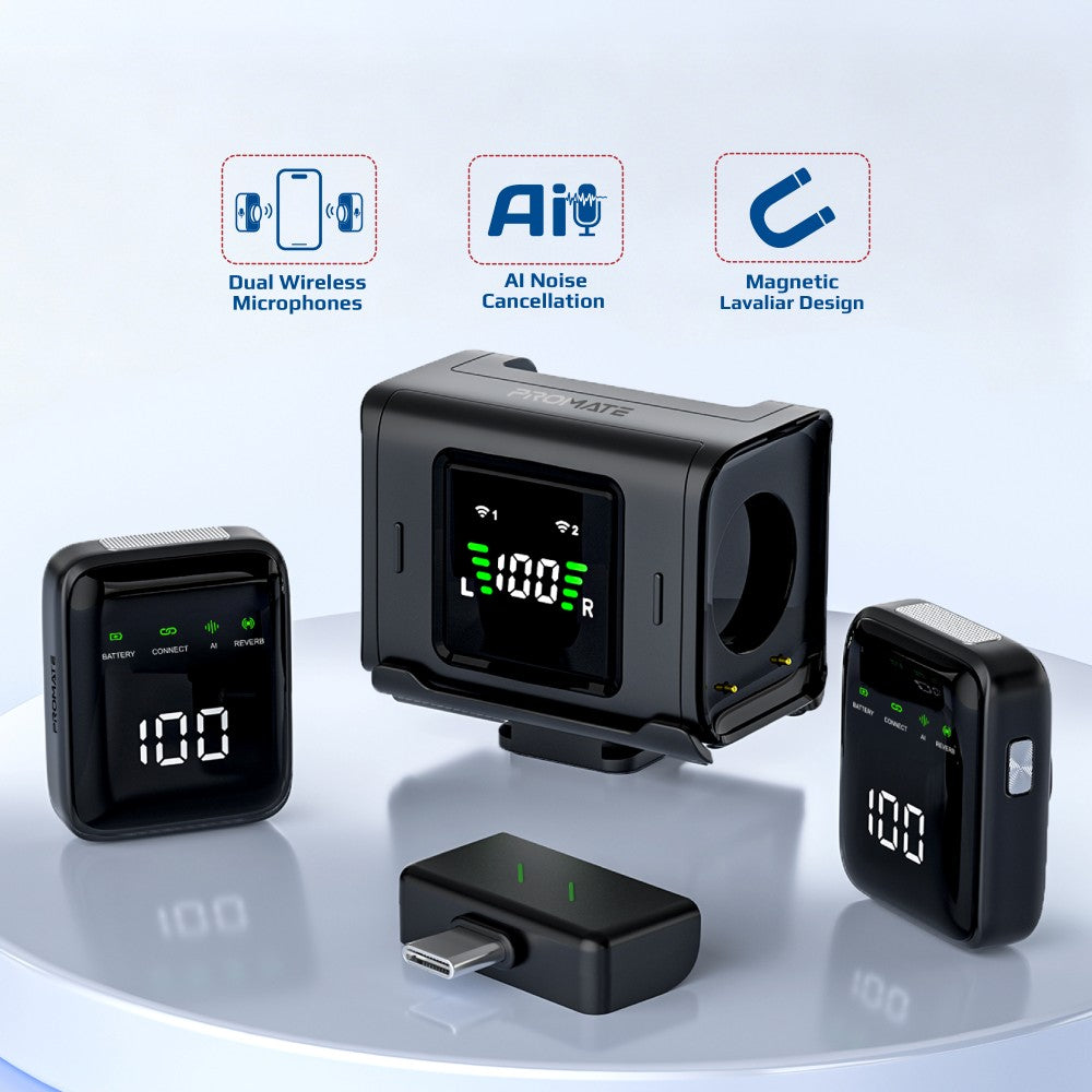 Promate Sonex Dual Wireless Lavalier Microphone with AI Noise Cancellation