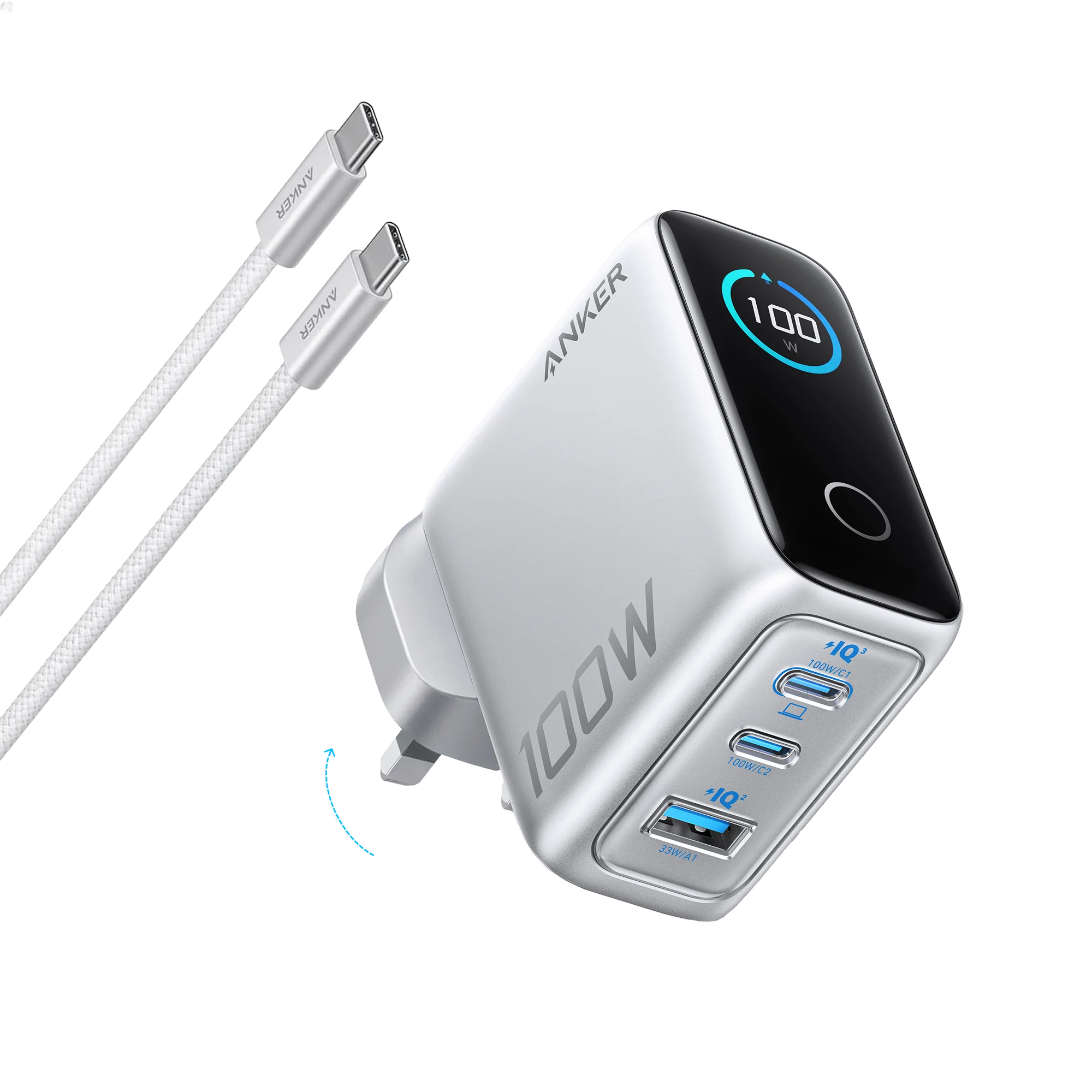 Anker B1218 100W 3-Port GaN Charger with Smart Display + USB-C Cable