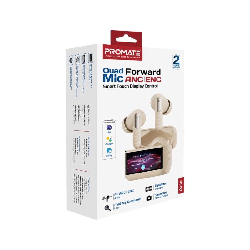 Promate Arix ANC TWS Earbuds with Smart IPS Touch Display
