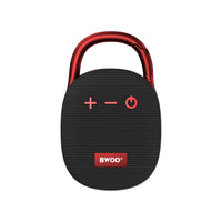A small portable Bluetooth speaker with a black textured fabric body, red control icons, and a red carabiner-style handle, shown on a light gray background. The brand name 'BWOO' is visible on a red label near the bottom.