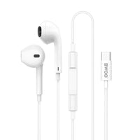 White wired earbuds with a inline remote control and a USB-C connector, shown on a light gray background. The brand name 'BWOO' is printed on the USB-C connector.