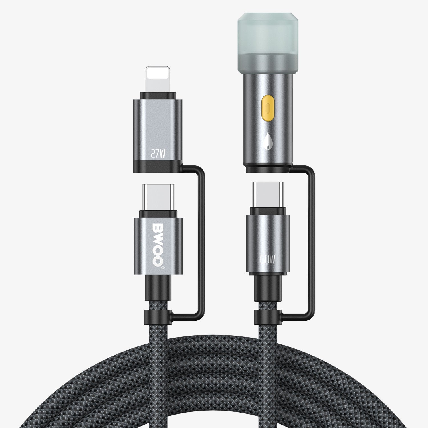 A Bwoo dual USB-C to Lightning cable with a black braided body, metallic silver connectors, and a translucent protective cap on the top end, shown against a light gray background with the cable coiled at the bottom.
