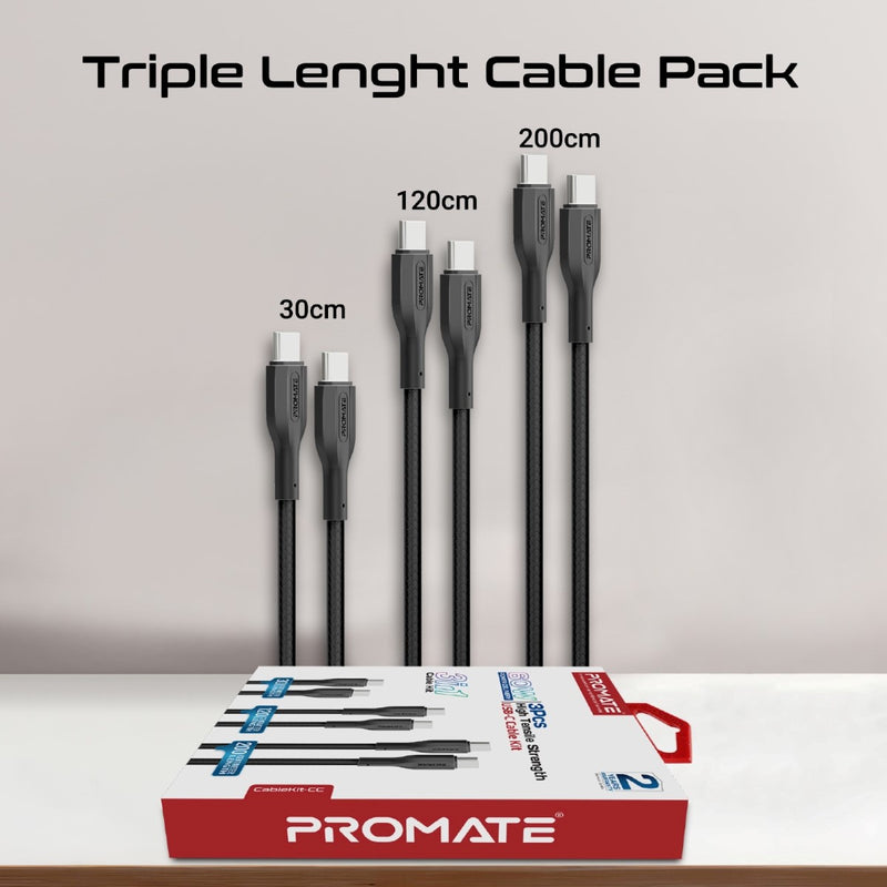Promate CableKit CC 60W 3 Piece USB C Cable Kit