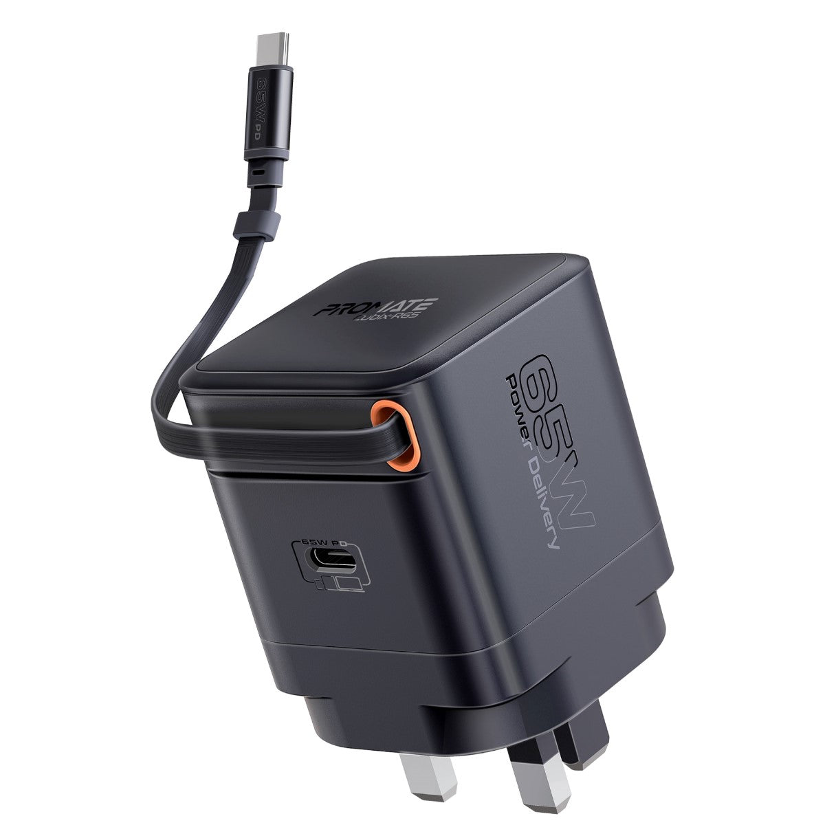 Promate Cubix R65 65W GaN charger with retractable cable