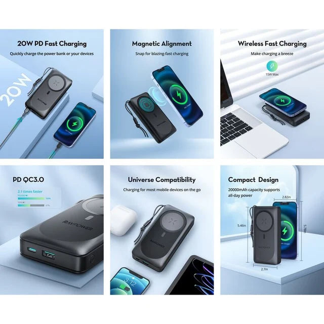 RAVPower RP-PB1214 20000mAh 15W PD Magnetic Wireless Power Bank