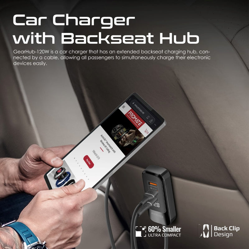 Promate GearHub-120W 120W 4-Port Car Charger with Backseat Charging Hub