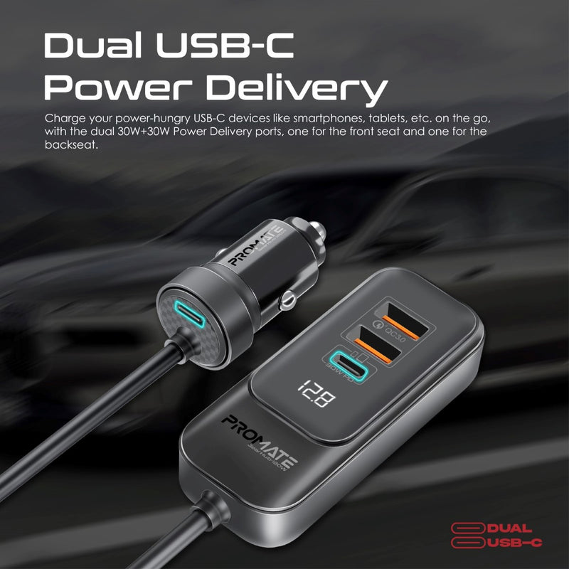 Promate GearHub-120W 120W 4-Port Car Charger with Backseat Charging Hub