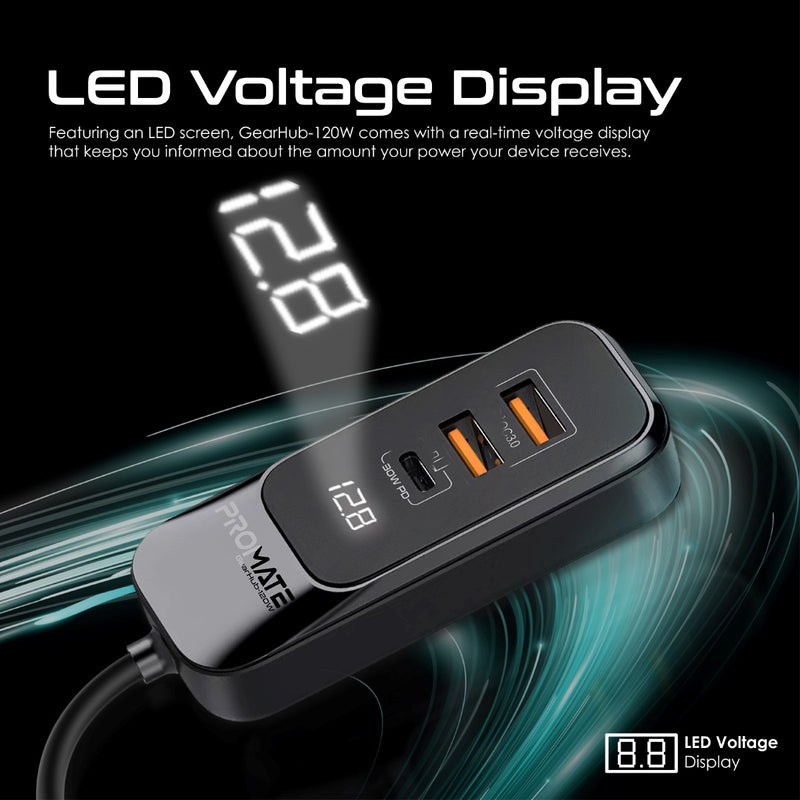 Promate GearHub-120W 120W 4-Port Car Charger with Backseat Charging Hub