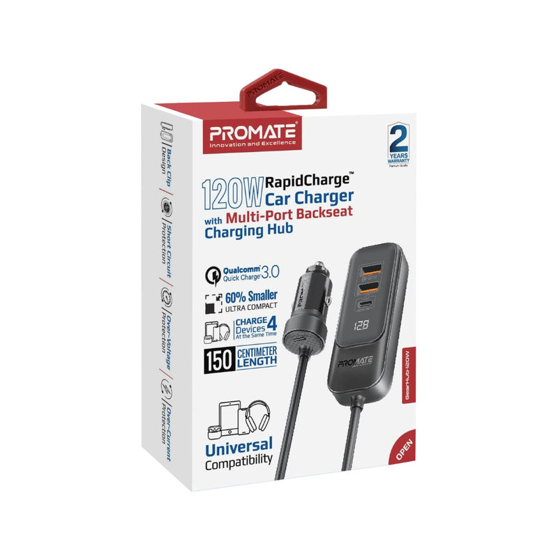 Promate GearHub-120W 120W 4-Port Car Charger with Backseat Charging Hub