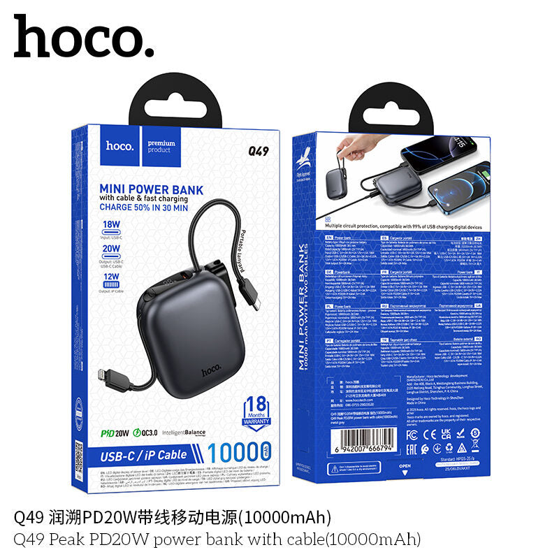 HOCO Q49 PD20W 10000mAh Power Bank with Built-In Cable
