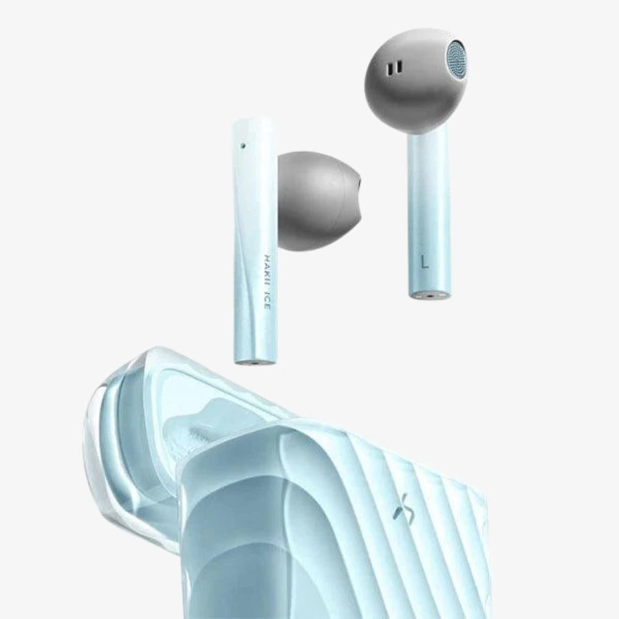 Havit HAKII ICE open-ear Bluetooth earbuds in light blue with 31-hour battery life and IPX4 water resistance — ideal wireless earbuds for fitness and commuting in Kuwait and the GCC.