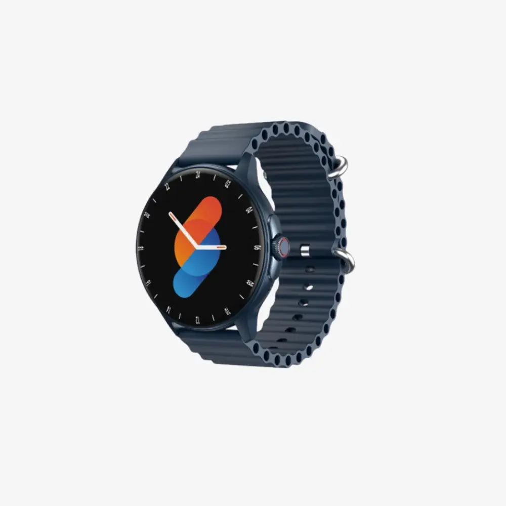 Havit M9046 Smartwatch in blue, showcasing its circular 1.43-inch AMOLED screen with a digital clock and step tracker on display. Ideal fitness smartwatch with Bluetooth calling, SpO2, and 120+ sports modes.