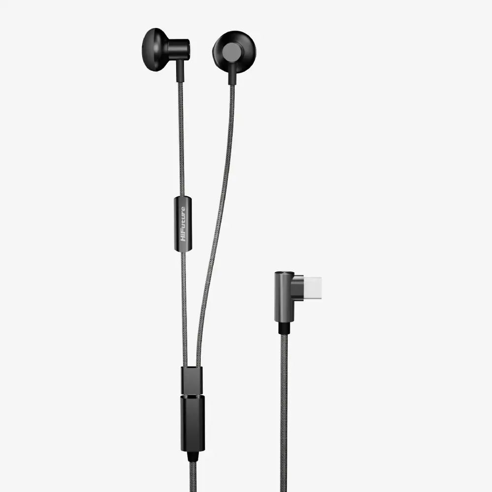 HiFuture HI5 wired earphones in black and gold, featuring Hi-Res Audio, titanium drivers, and inline mic—ideal for premium sound on Android and laptops in Kuwait.