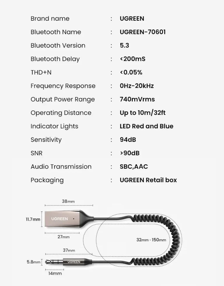 UGREEN CM309 Bluetooth Car Receiver Aux Adapter with Mic