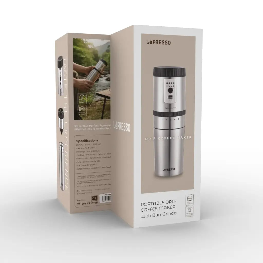 LePresso Portable Mug Burr Grinder Coffee Maker -Silver