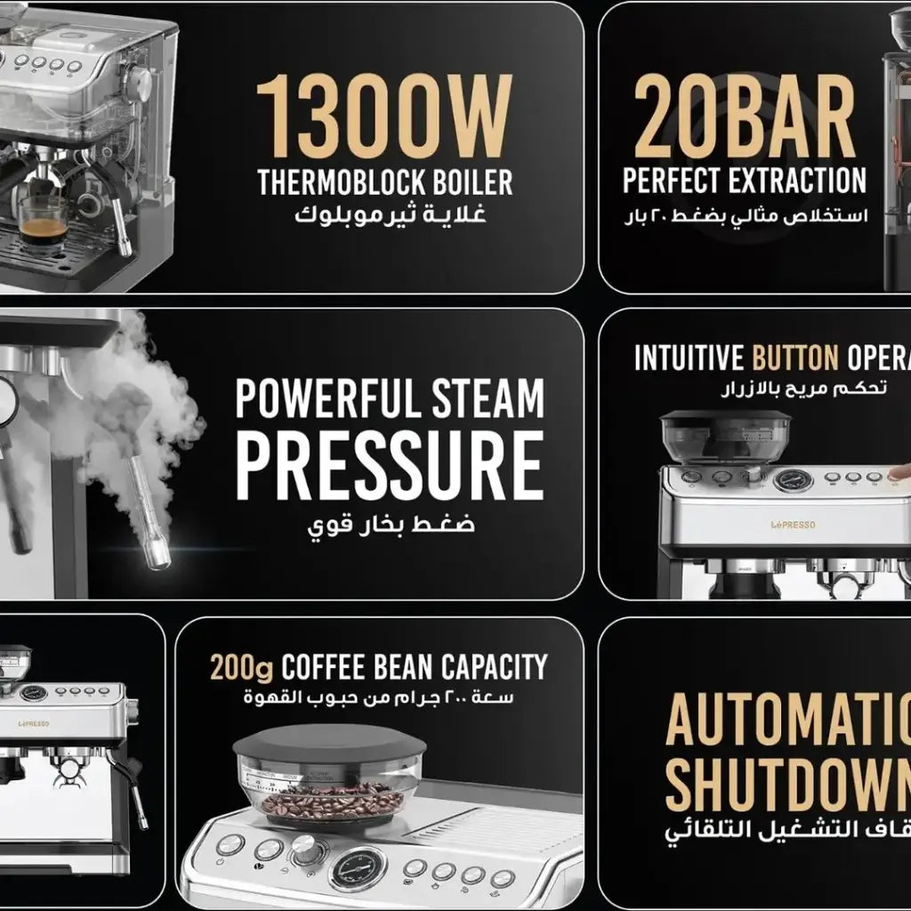 LePresso Espresso Machine with Conical Grinder & Steamer