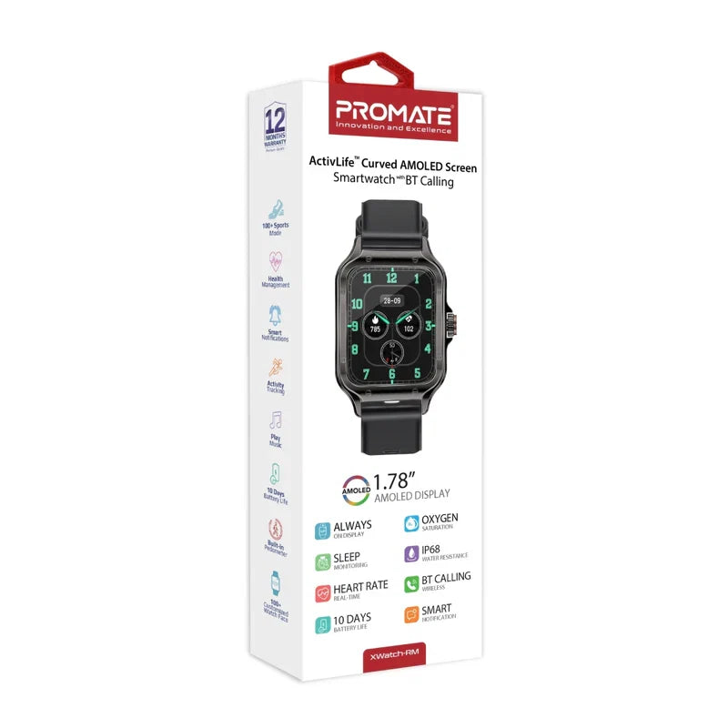 Promate xWatch-RM 1.78" Curved AMOLED Fitness Tracker Smartwatch