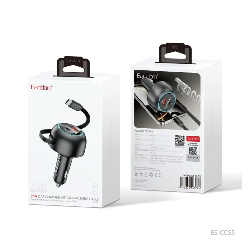 Earldom ES-CC55 75W Car Charger with Retractable Cable