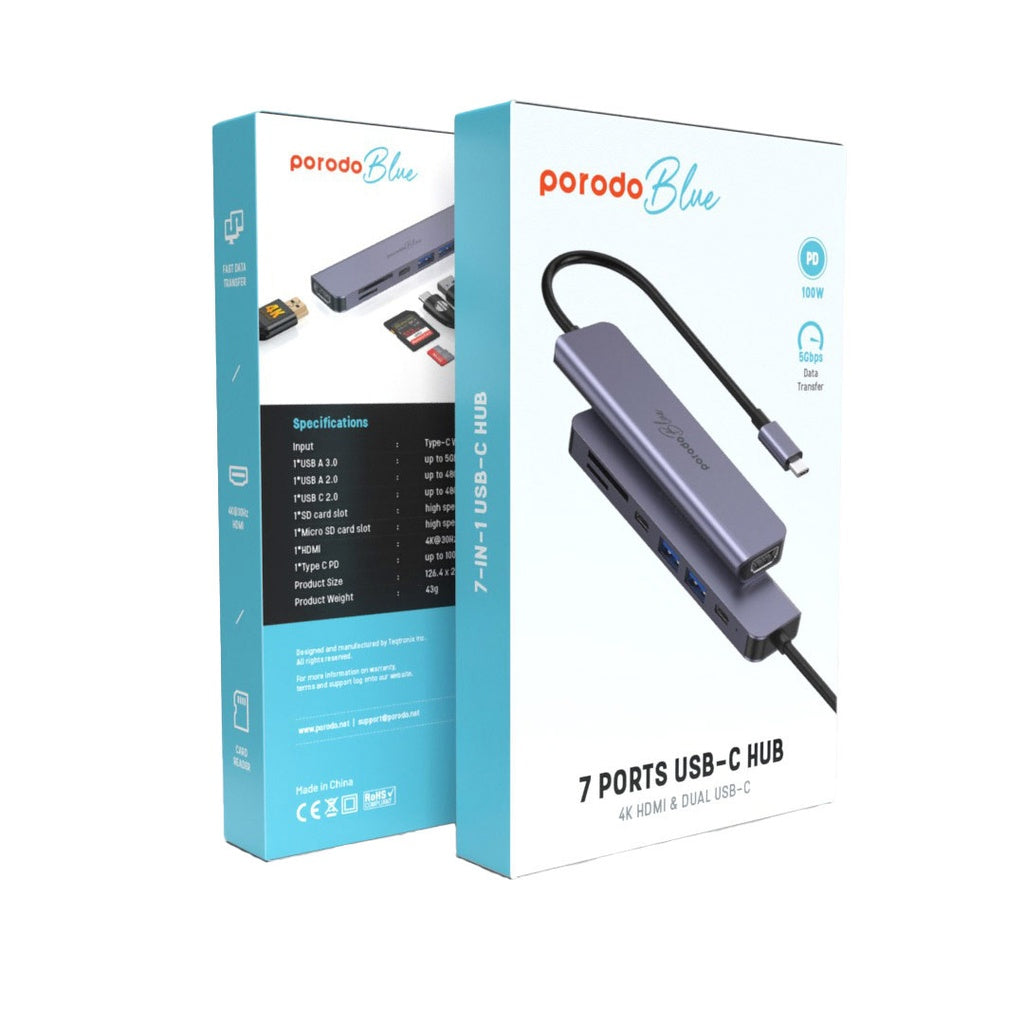 Porodo Blue 7-Port USB-C Hub with 4K HDMI