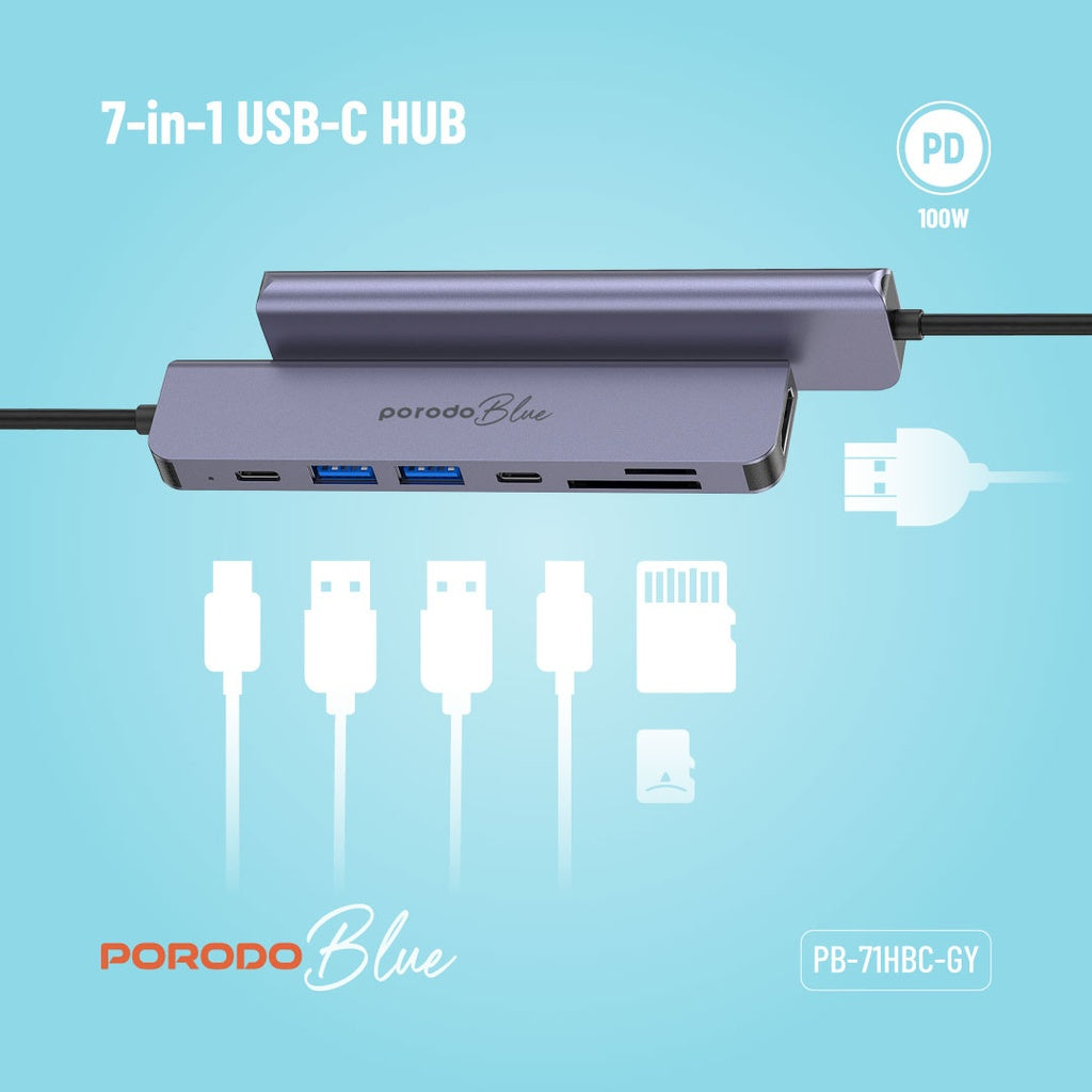 Porodo Blue 7-Port USB-C Hub with 4K HDMI