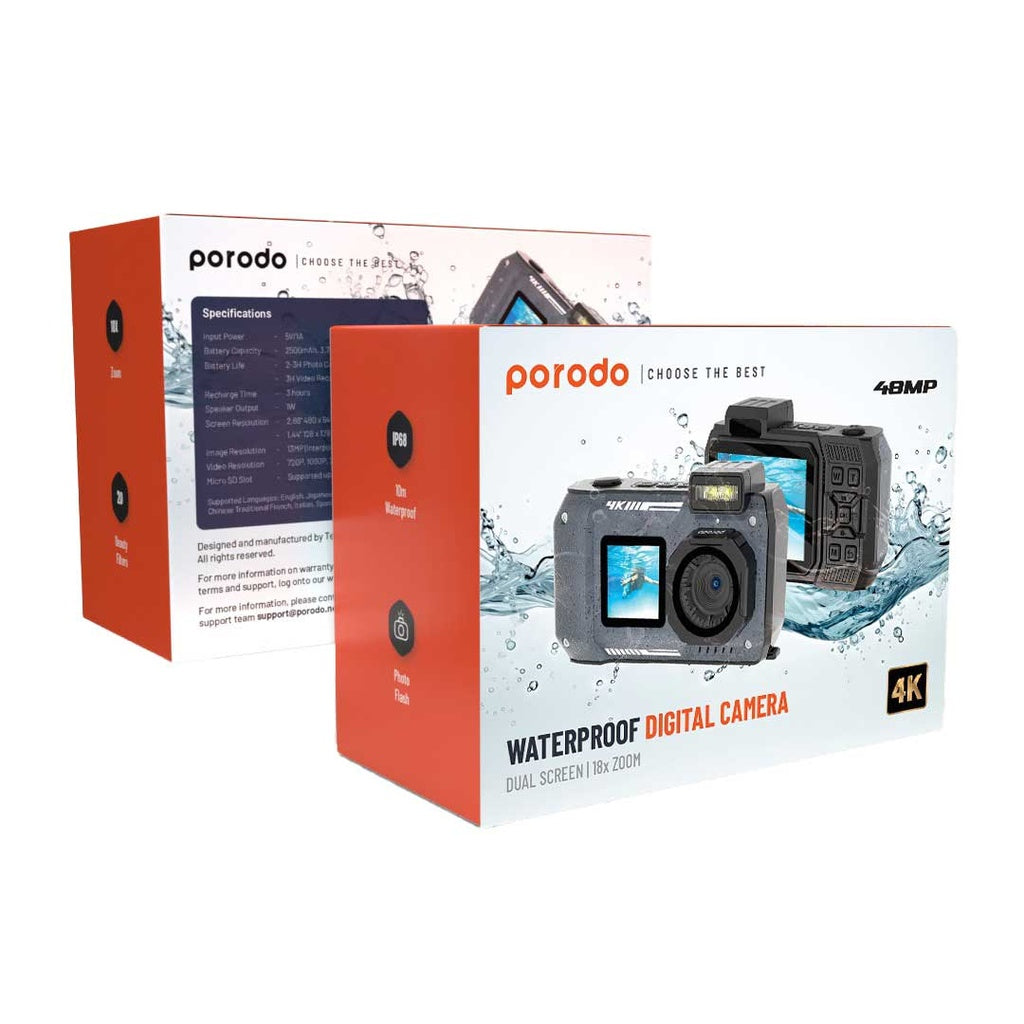 Porodo Dual Screen Waterproof Camera with 18x Zoom