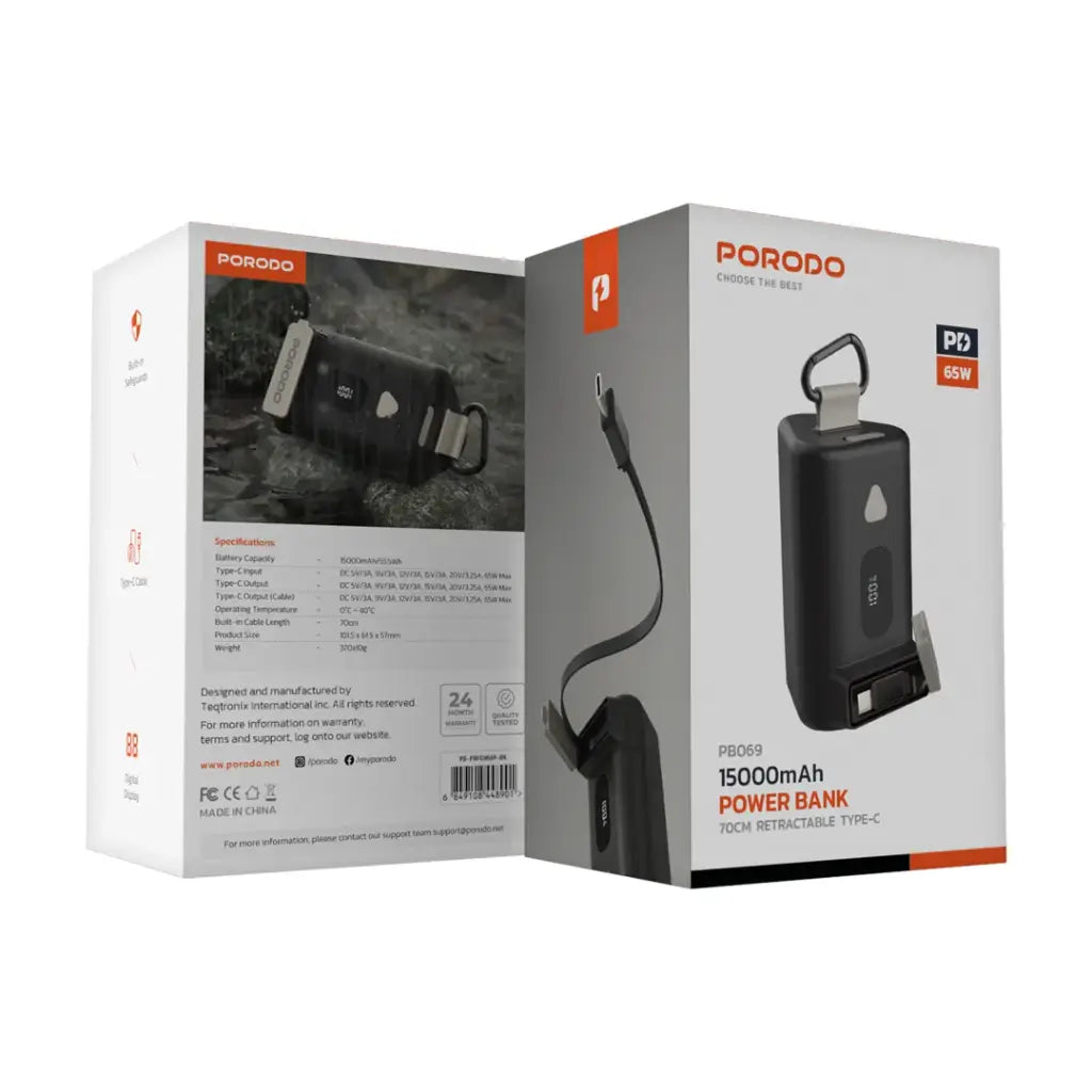 Porodo 15000mAh Power Bank with Retractable USB-C Cable