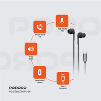 Porodo Stereo Earphones Type C Connector with 14 mm speakers