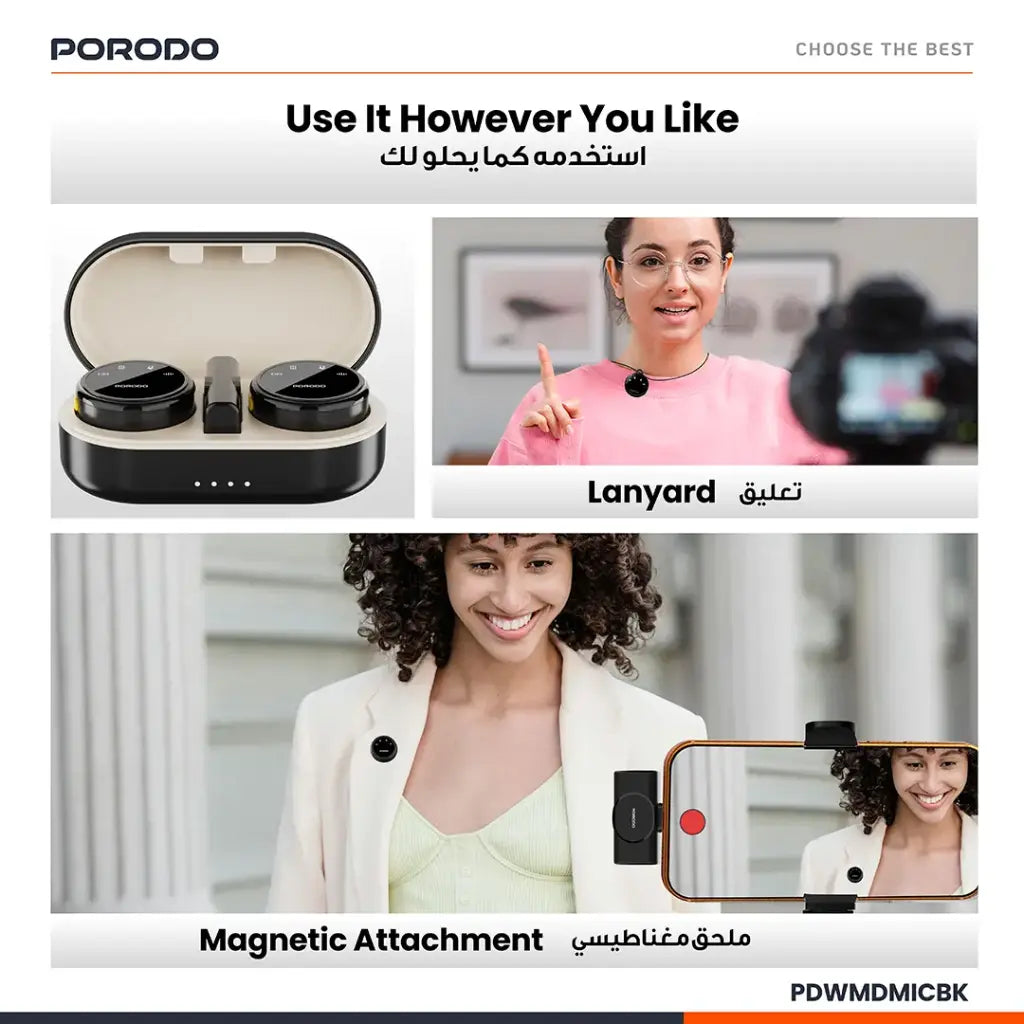 Porodo Lavalier Microphones Type-C Connector With Lightning Adapter