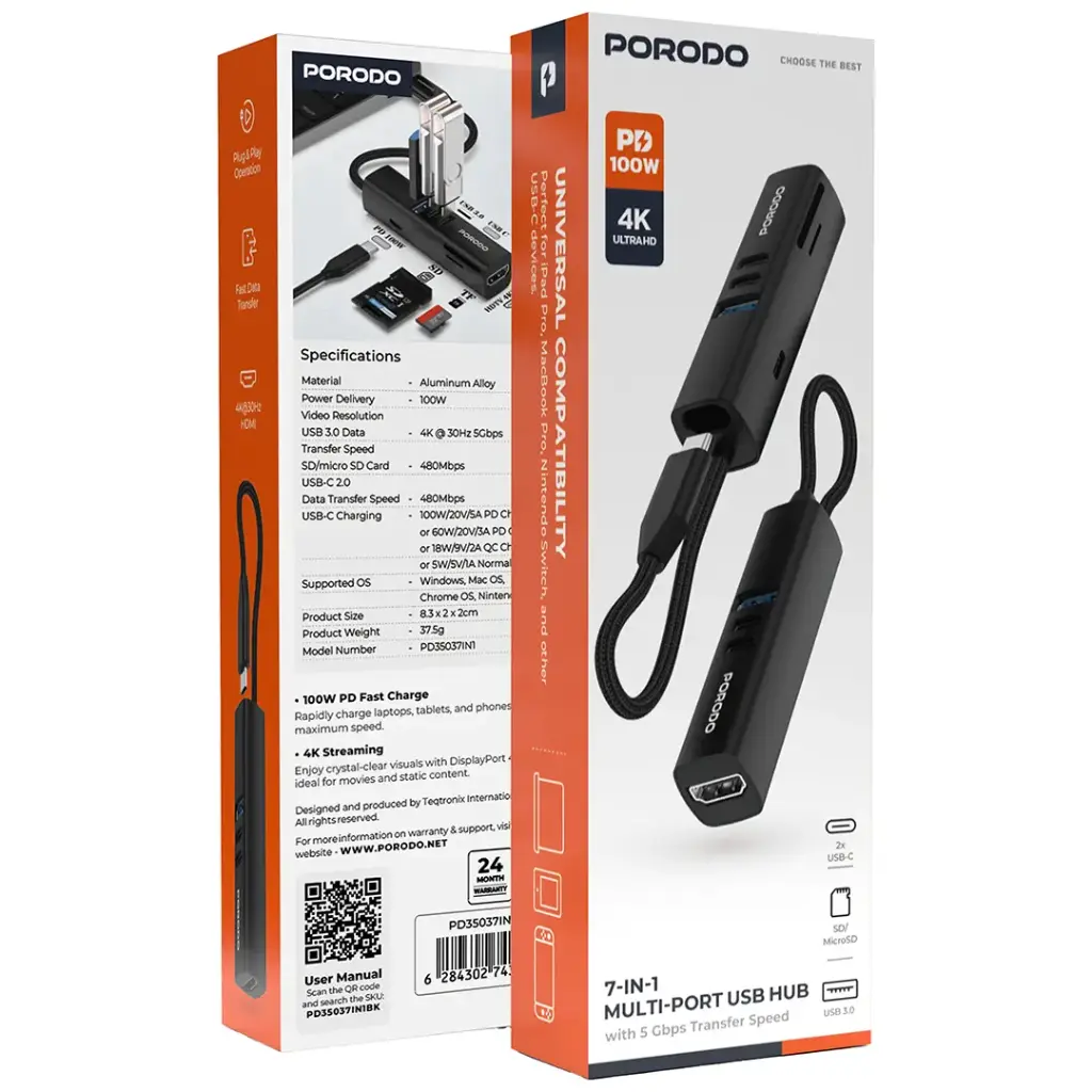 Porodo 7-In-1 Multi-Port USB Hub with 5Gbps Transfer Speed