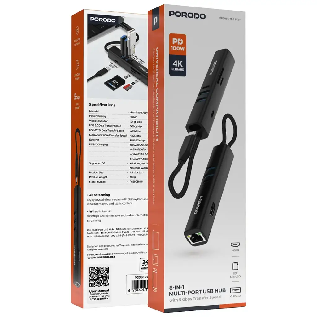 Porodo 8-In-1 Multi-Port USB Hub with 5Gbps Transfer Speed