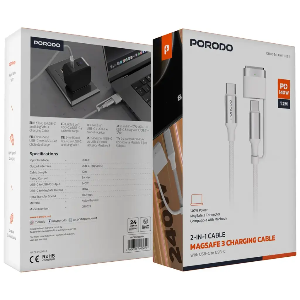 Porodo 2-in-1 MagSafe 3 Charging Cable 1.2m